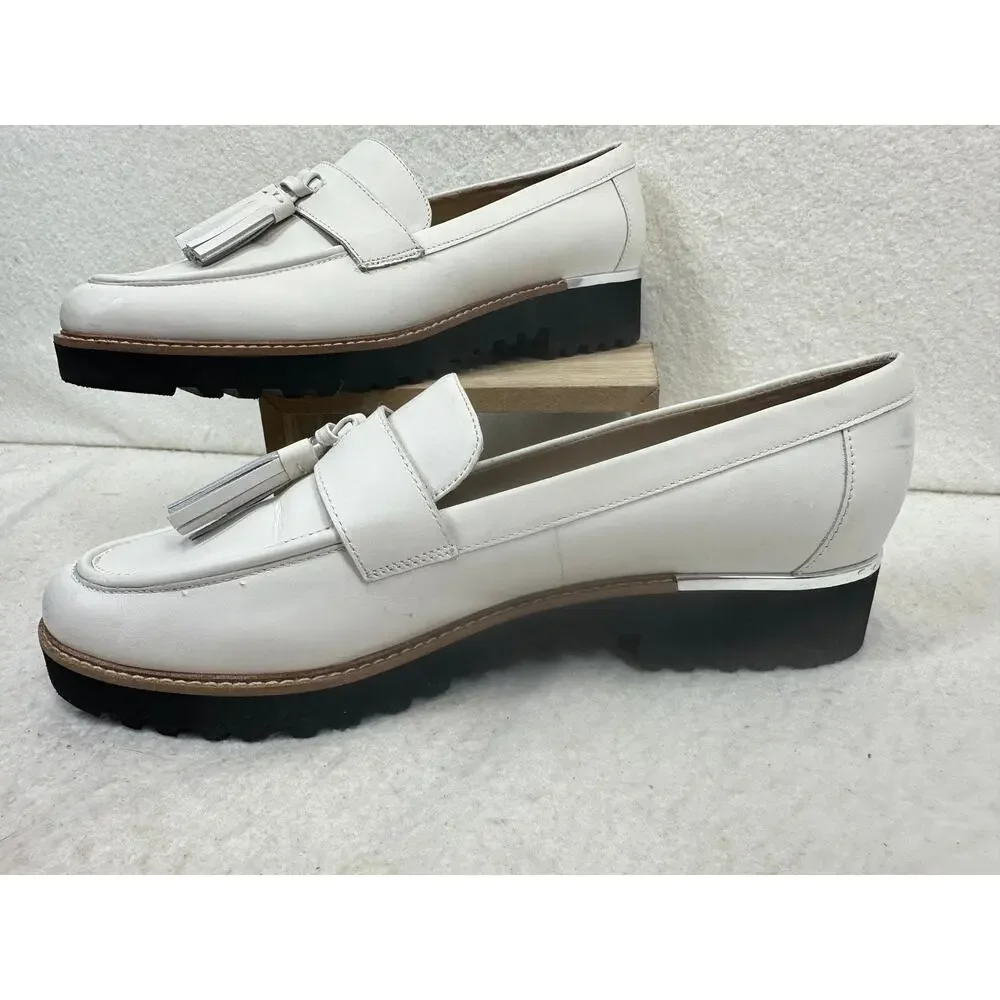 Franco Sarto White Leather Carolynn Tassel Loafer Silver Detail SZ 8.5 NWOT